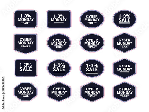 Cyber Monday Sale Promotions Round and Hexagonal Badges with Discount Offers