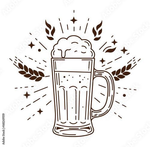 Hand drawn illustration of a beer mug with wheat and starburst elements