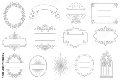 A diverse concept collection of elegant vintage frames, classic labels, and decorative ornamental borders crafted in a clean line art style