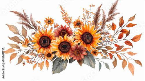 Beautiful autumn sunflower bouquet with pampas grass and fall leaves