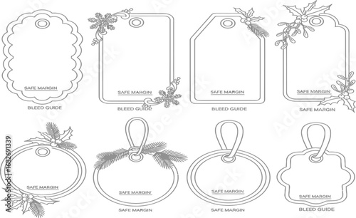 Set of elegant, decorative hanging labels and sale tags with delicate floral borders, isolated on a white background