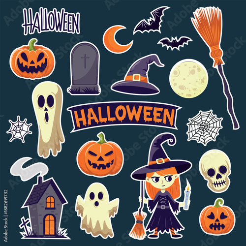 Vector set of creepy Halloween stickers. Ghosts, pumpkins, bats and more.