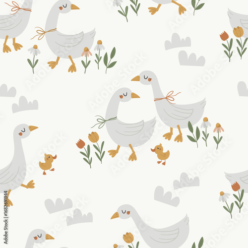 Vector seamless pattern with cute geese family on a white background. Seamless for wrapping paper, greeting cards and other. Can be used for wallpaper, textile, packaging.
