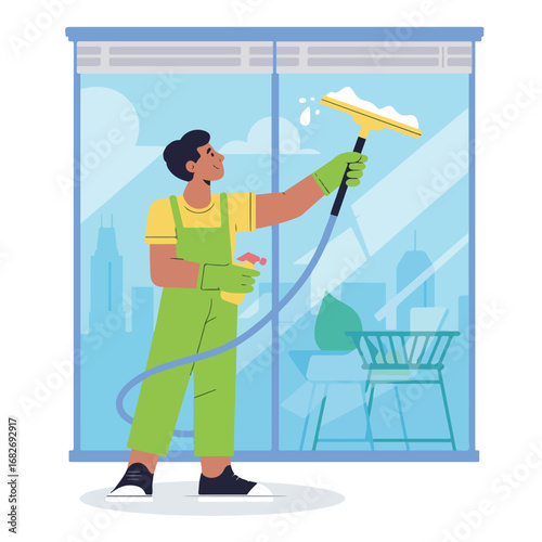 Man cleaning window with squeegee