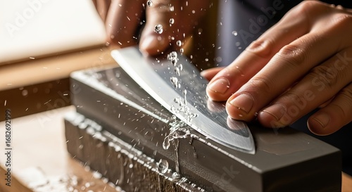 Sharpening knife with whetstone water drops close up professional kitchen tool steel blade