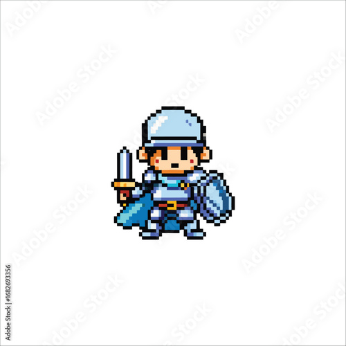 Pixelated Knight Ready for Battle with Sword and Shield