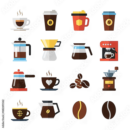 Flat Design Coffee Icons with Cups, Coffee Beans, and Brewing Tools
