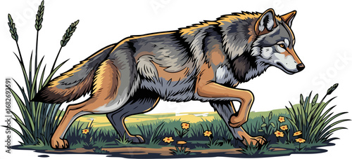 gray wolf in meadow majestic hunter, silent stalker, wild beauty, isolated on transparent background
