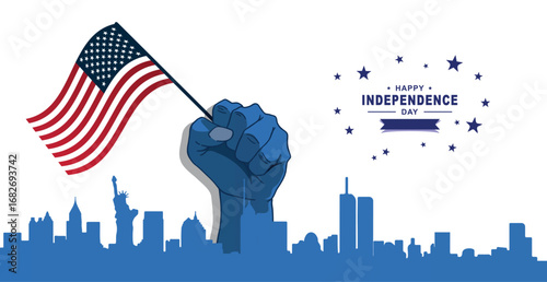 American flag hand NYC skyline 4th of July celebration Vector 