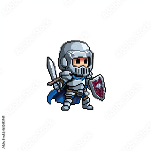 Pixel Art Warrior Holding Sword and Shield Ready for Battle