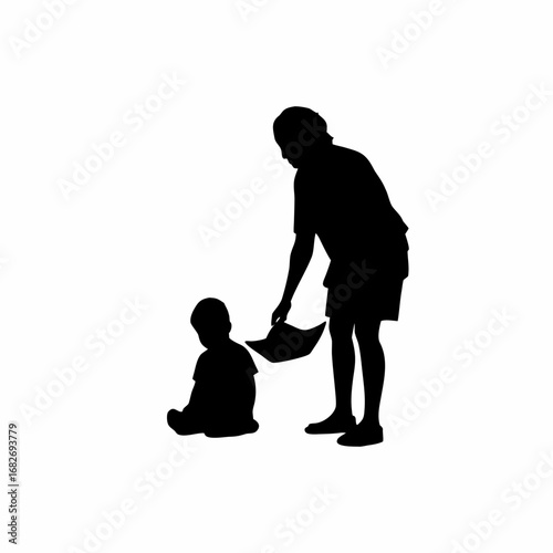 Silhouette of parent and child making paper boat on white background