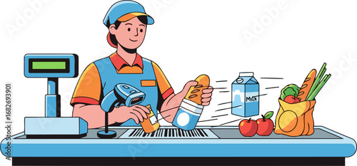 grocery store checkout friendly cashier scanning items, daily shopping, efficient service, isolated on transparent background