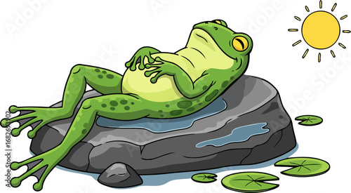 happy fat frog sunbathing on rock summer idyll, amphibian relaxation, lakeside serenity, isolated on transparent background