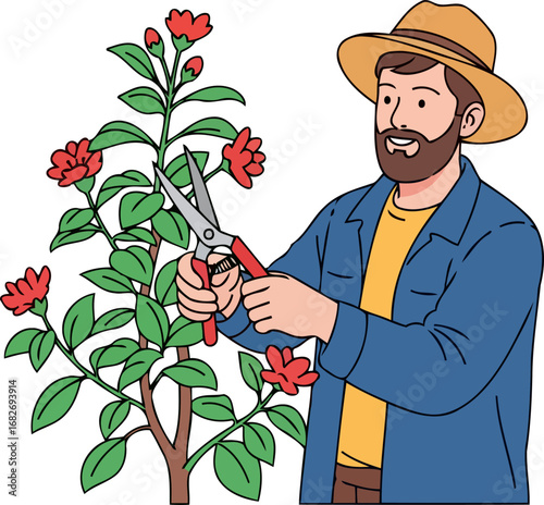 happy gardener cultivating vibrant red flowers a springtime gardening illustration, isolated on transparent background