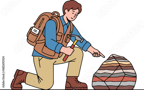 intrigued geologist examining layered rock, unveiling earths ancient secrets, isolated on transparent background
