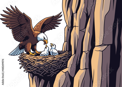 majestic bald eagle feeding eaglets aweinspiring wildlife scene on rocky cliff, isolated on transparent background