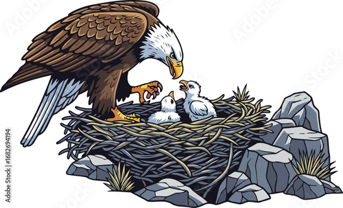 majestic bald eagle feeding its eaglets a heartwarming wildlife scene of parental care and nurturing in a rocky nest, isolated on transparent background