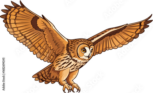 majestic brown owl in flight wings spread wide, hunting at dusk, a symbol of wisdom and mystery, isolated on transparent background
