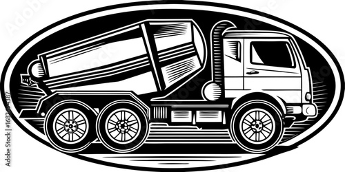 Concrete Mixer Truck: A monochrome illustration of a concrete mixer truck. conveying the essence of industry and construction.