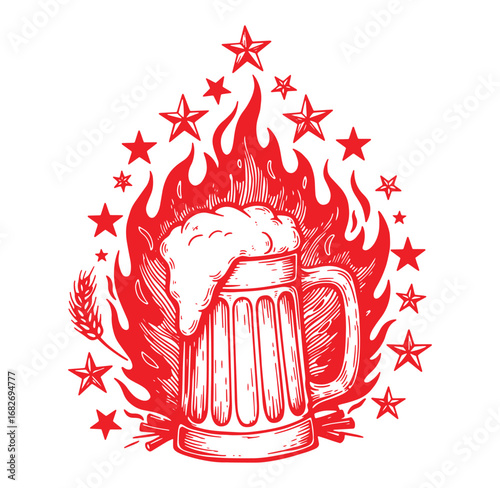 Red beer mug with flames stars and wheat embellishment on a white background design