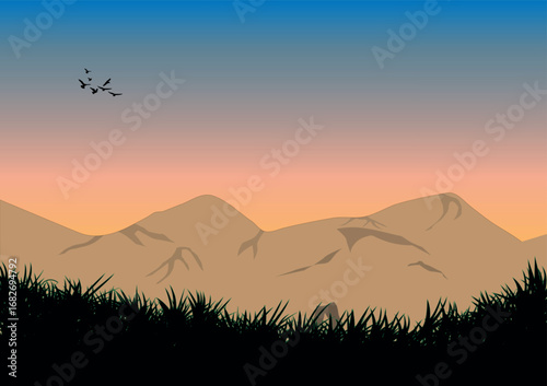 Mountain range landscape illustration at sunset simple design Vector