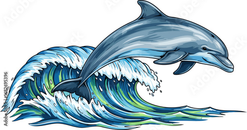 oceans playful acrobat a leaping dolphin gracefully rides a vibrant wave, a joyful dance of natures energy, isolated on transparent background