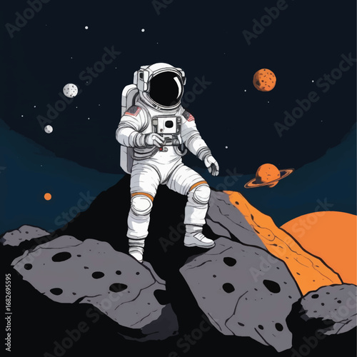 Astronaut in white spacesuit standing on a rocky surface with planets in the background