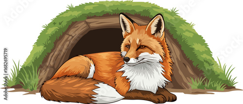 red fox relaxing at its den wildlife beauty, peaceful nature, forest serenity, isolated on transparent background