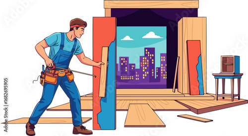 skilled carpenter building modern structure cityscape view, construction site, home improvement project, isolated on transparent background