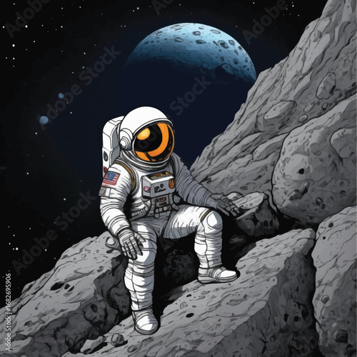Astronaut in spacesuit sitting on a rocky surface with a large moon in the background