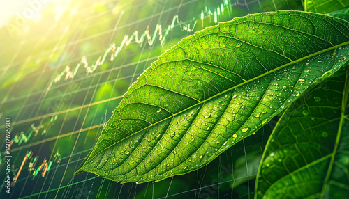 Green Investments: A vibrant green leaf with intricate veins and glistening water droplets overlays a rising stock chart, symbolizing the potential of sustainable and eco-friendly investments.