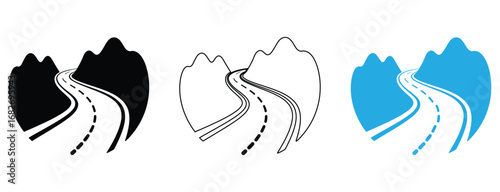 Winding mountain road journey icon,Roads logo set in grey colour with nine isolated curvy suburban road images with fork turns vector illustration
