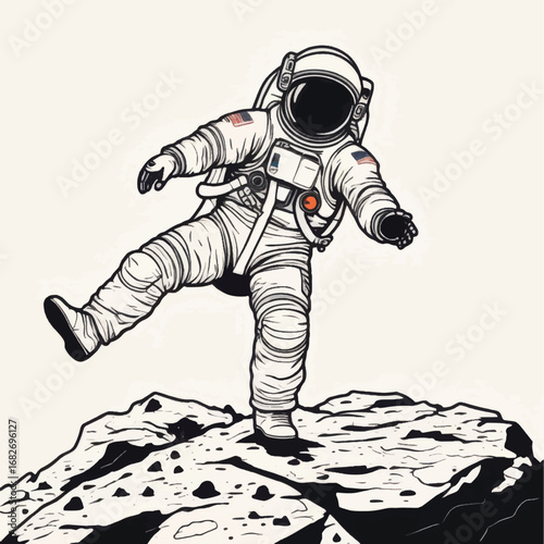 Astronaut Balancing on Rocky Terrain with American Flag Patches