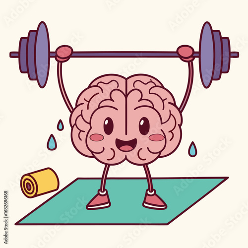 Vector art of cute cartoon brain character lifting weights on a yoga mat, sweating, representing mental fitness and exercise
