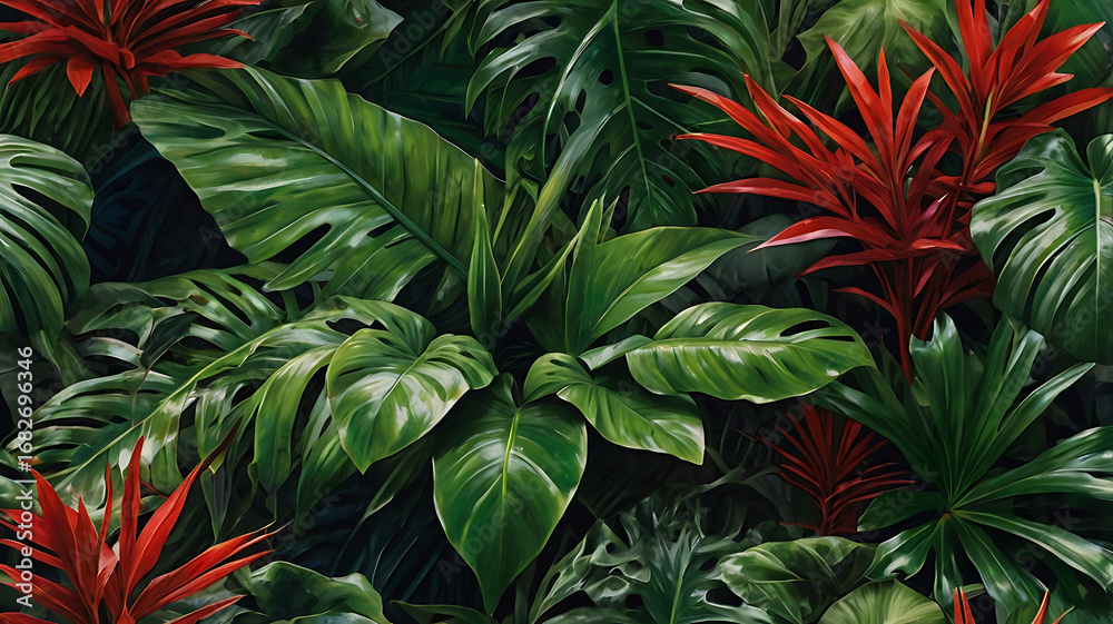Fototapeta premium Featuring a dense arrangement of large, lush Colorful leaves.