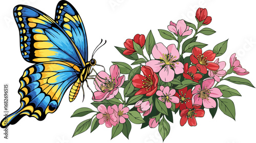 vibrant blue butterflys graceful dance among delicate pink and red blossoms, isolated on transparent background