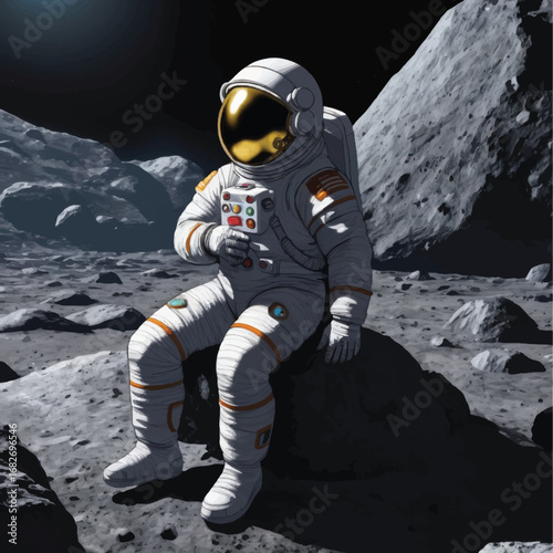 Astronaut Seated on Lunar Surface with Golden Visor and Instrument