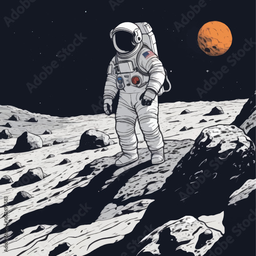 Astronaut Standing on Lunar Surface with Distant Planet and Stars