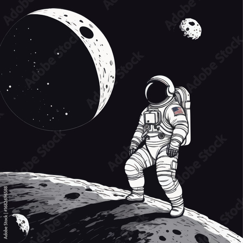 Astronauts Lunar Exploration with Earth Flag Moon and Celestial Bodies