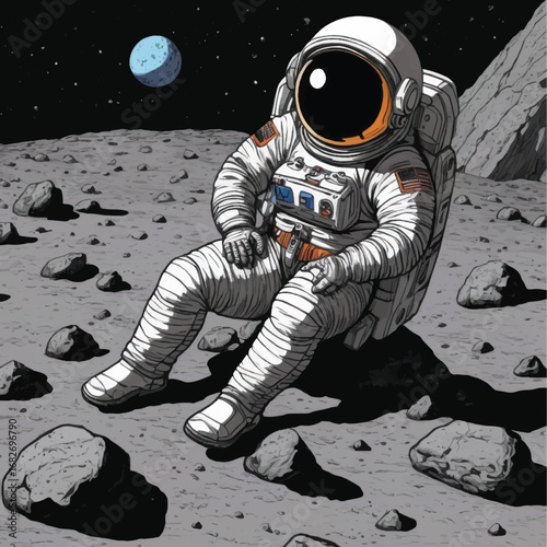 Relaxed astronaut sitting on the moon with Earth visible in the distance