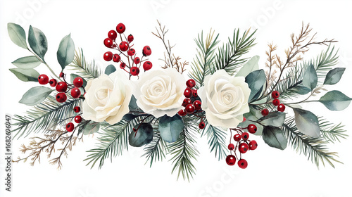 Elegant winter floral arrangement with white roses and red berries