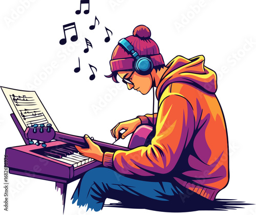 young musician creates melodic masterpiece headphones, keyboard, and guitar composition, isolated on transparent background