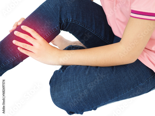 Young woman hand touch massage her calf on floor in bedroom at home, Her has leg cramp muscle pain. Health and medical concept. 