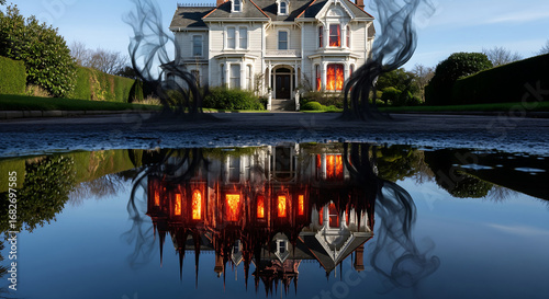 Burning Victorian House Reflection.