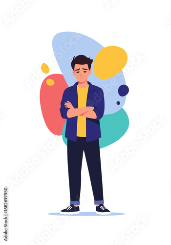 Illustrating a confident young man standing with arms crossed and a slight smile against a colorful abstract background