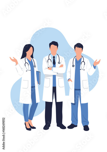 Professional medical team of doctors in white coats with stethoscopes presenting healthcare services and patient care