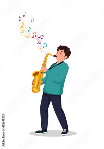 Young person enthusiastically playing the golden saxophone creating beautiful melodies with musical notes floating upwards