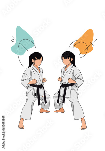 Two young girls practicing martial arts techniques in a dojo demonstrating strength and discipline through focused training exercises