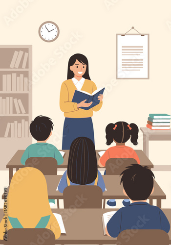 Engaging elementary school classroom scene with enthusiastic teacher reading to attentive students