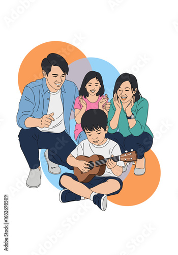 A cheerful family enjoying a musical moment together playing the ukulele and singing happy songs